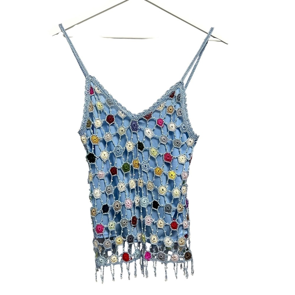 Joanna Tank Top Womens Size XS Blue Crochet Beaded Fringe Boho Festival Y2K